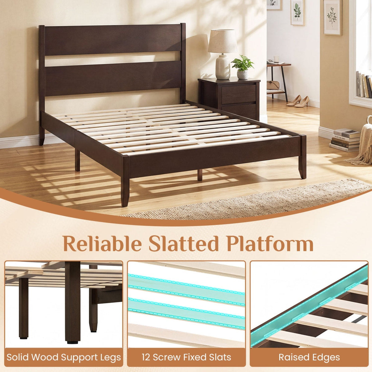Queen Bed Frame with Headboard and Solid Wood Legs 15