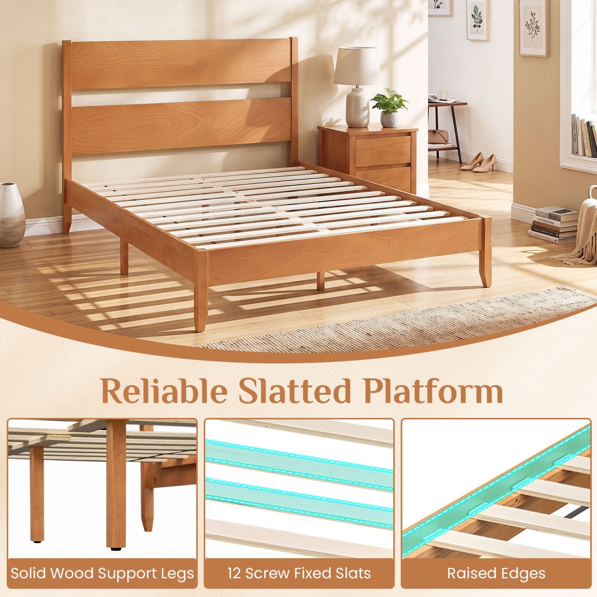 Queen Bed Frame with Headboard and Solid Wood Legs 7
