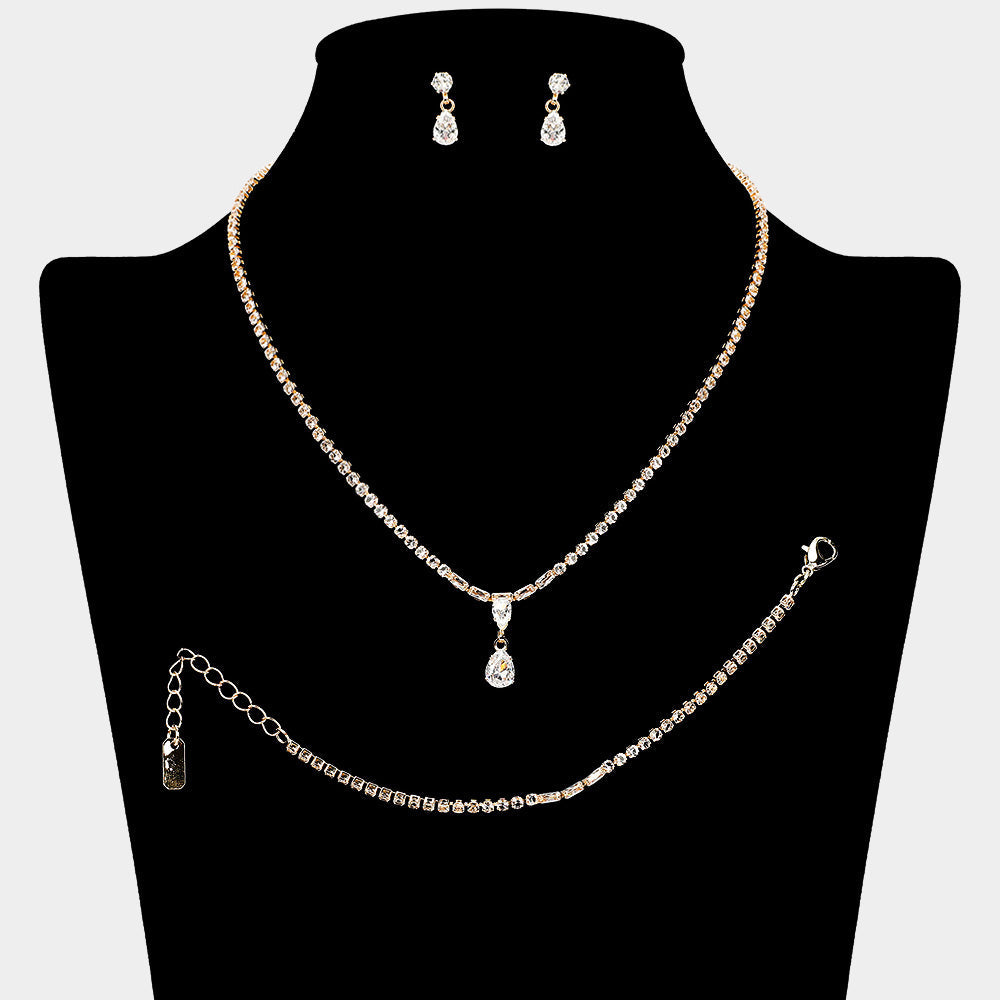Teardrop Stone Cluster Pendant Pointed Rhinestone Paved Jewelry Set 1