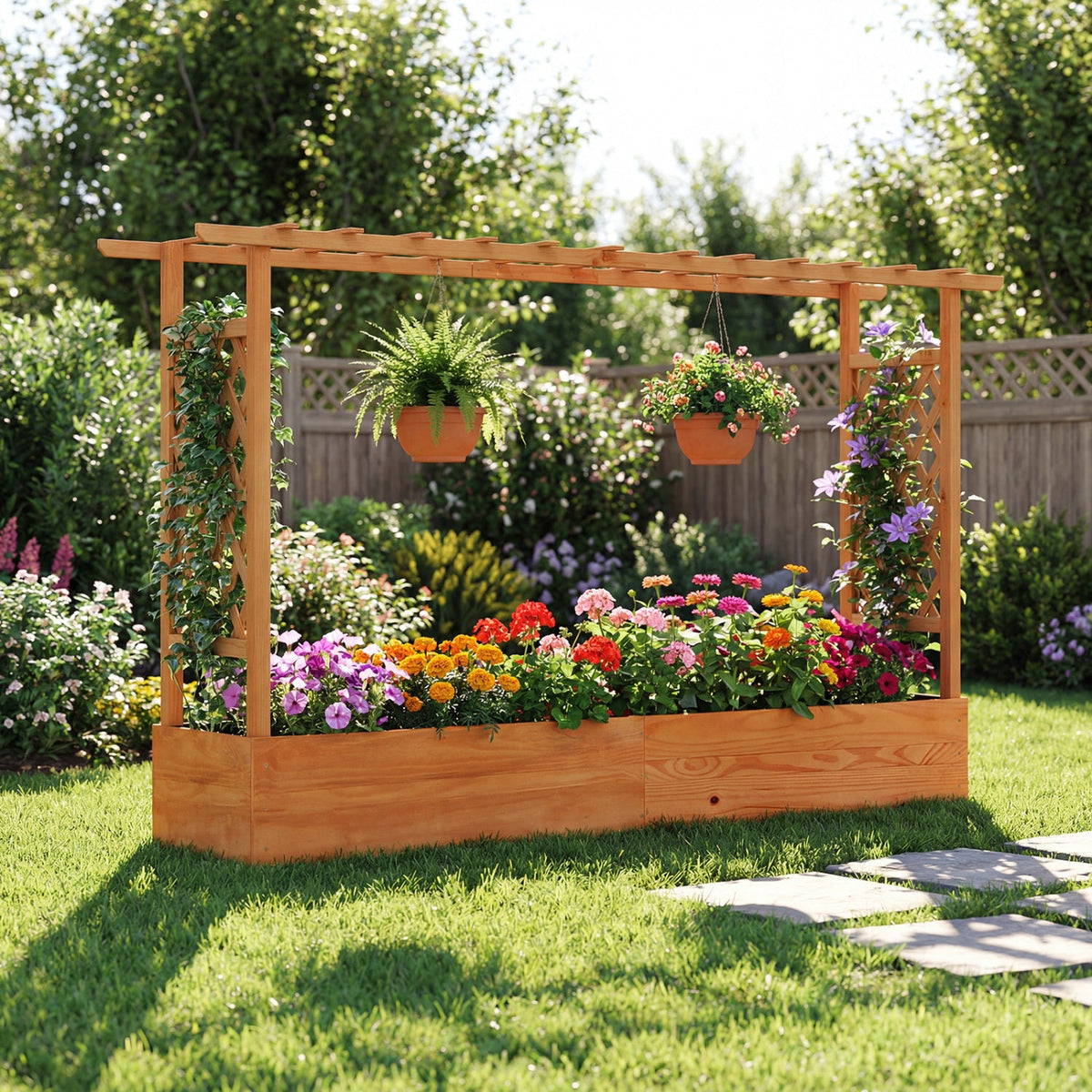 Raised Garden Bed Planter Box with Lattice Trellis Drainage Holes 2