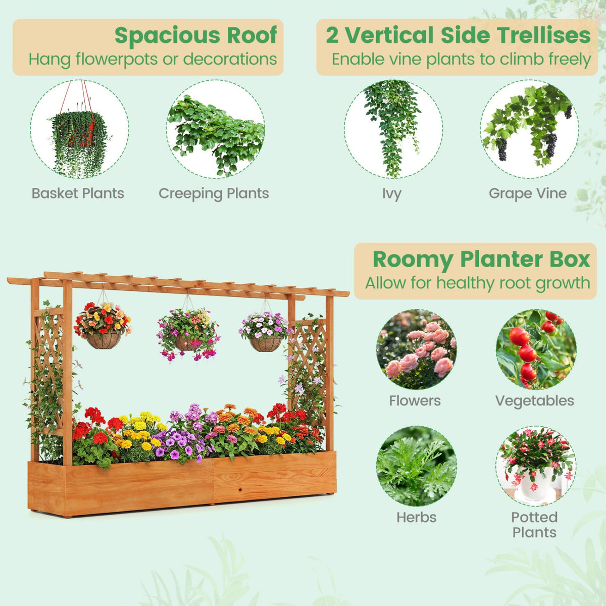 Raised Garden Bed Planter Box with Lattice Trellis Drainage Holes 7