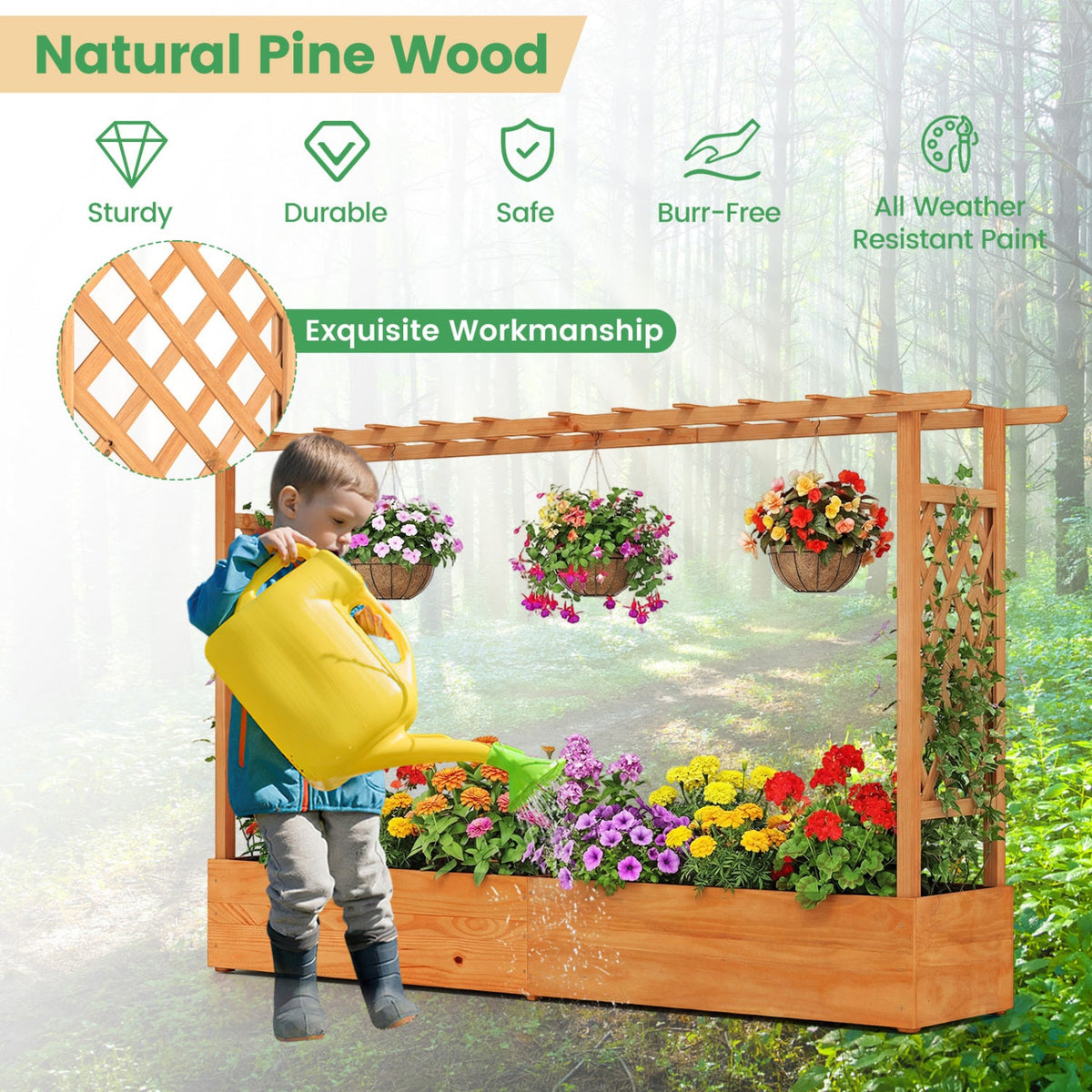 Raised Garden Bed Planter Box with Lattice Trellis Drainage Holes 8