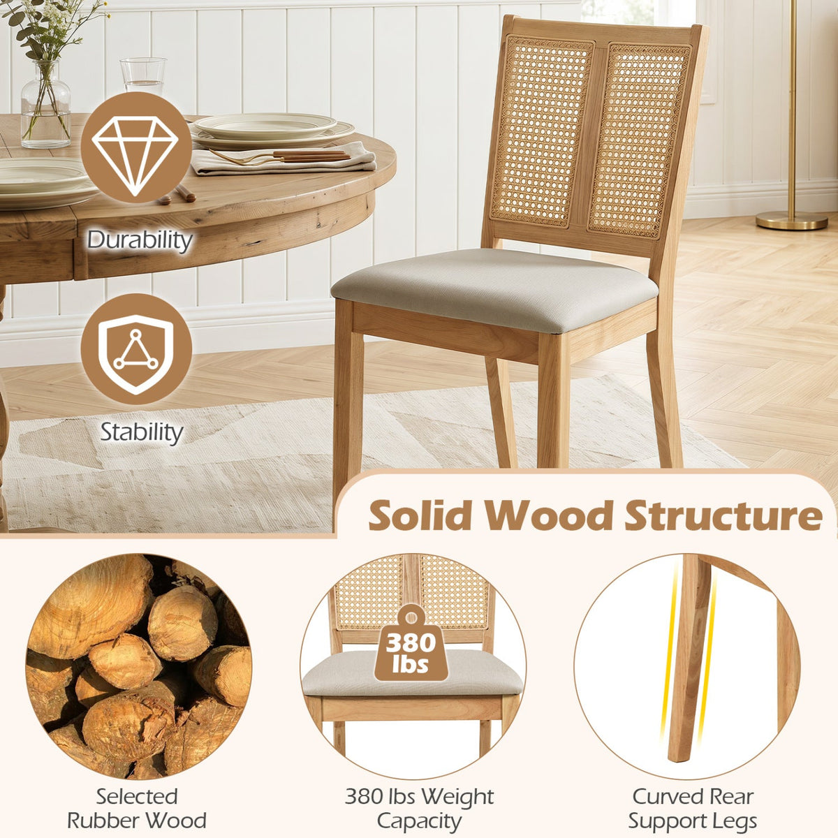 Rattan Dining Chairs Set of 2 with Curved Backrest 5