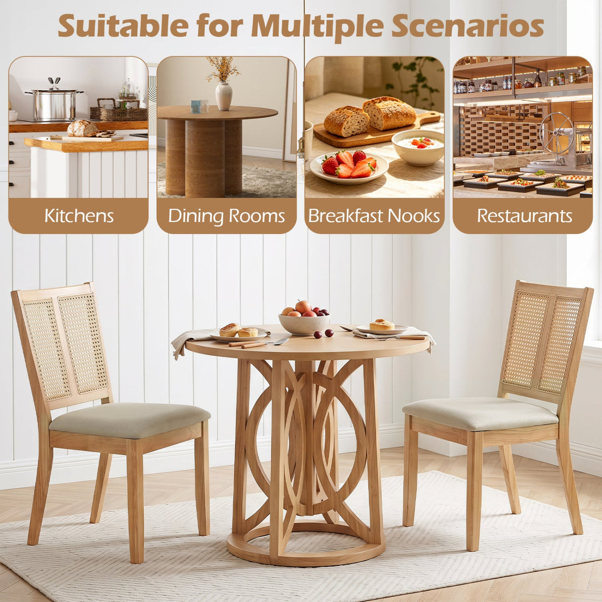 Rattan Dining Chairs Set of 2 with Curved Backrest 8