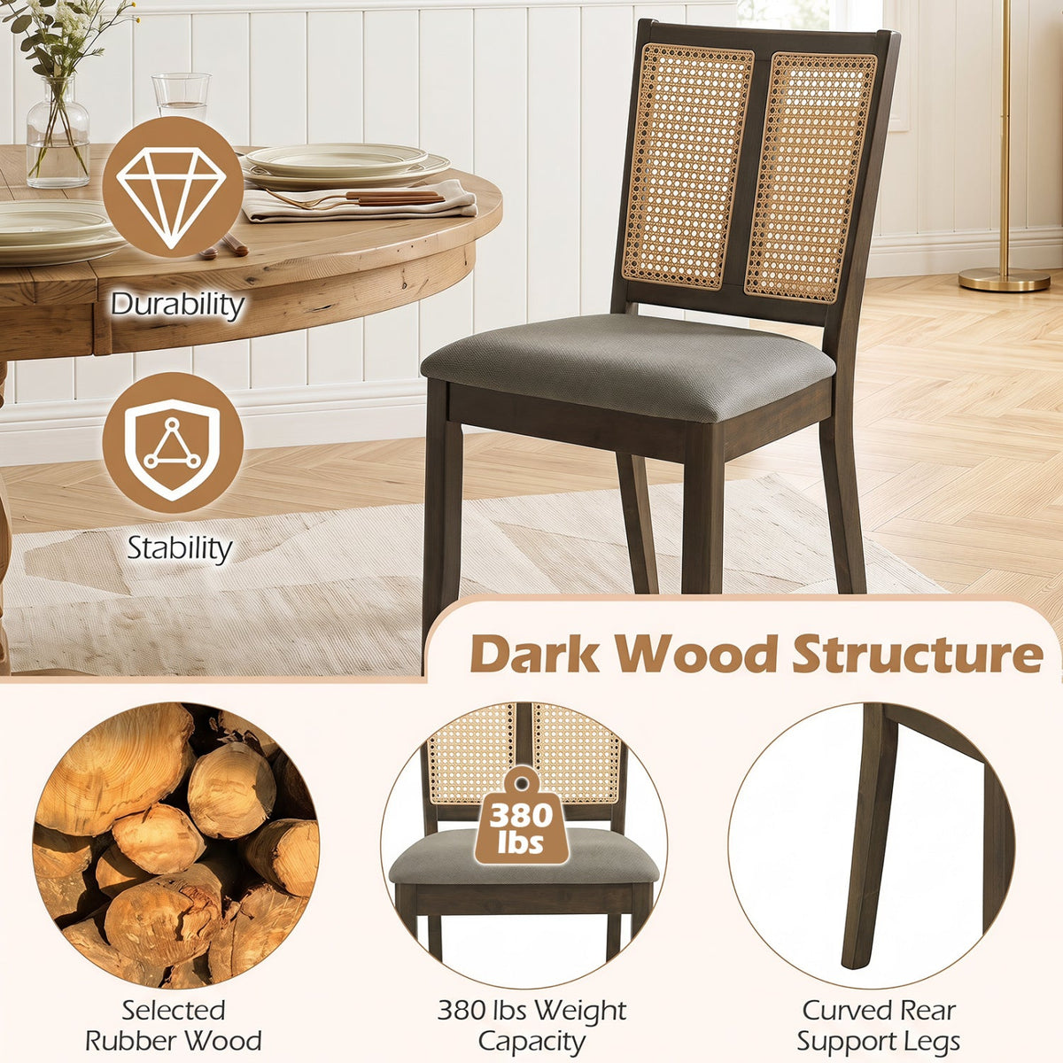 Rattan Dining Chairs Set of 2 with Curved Backrest 5