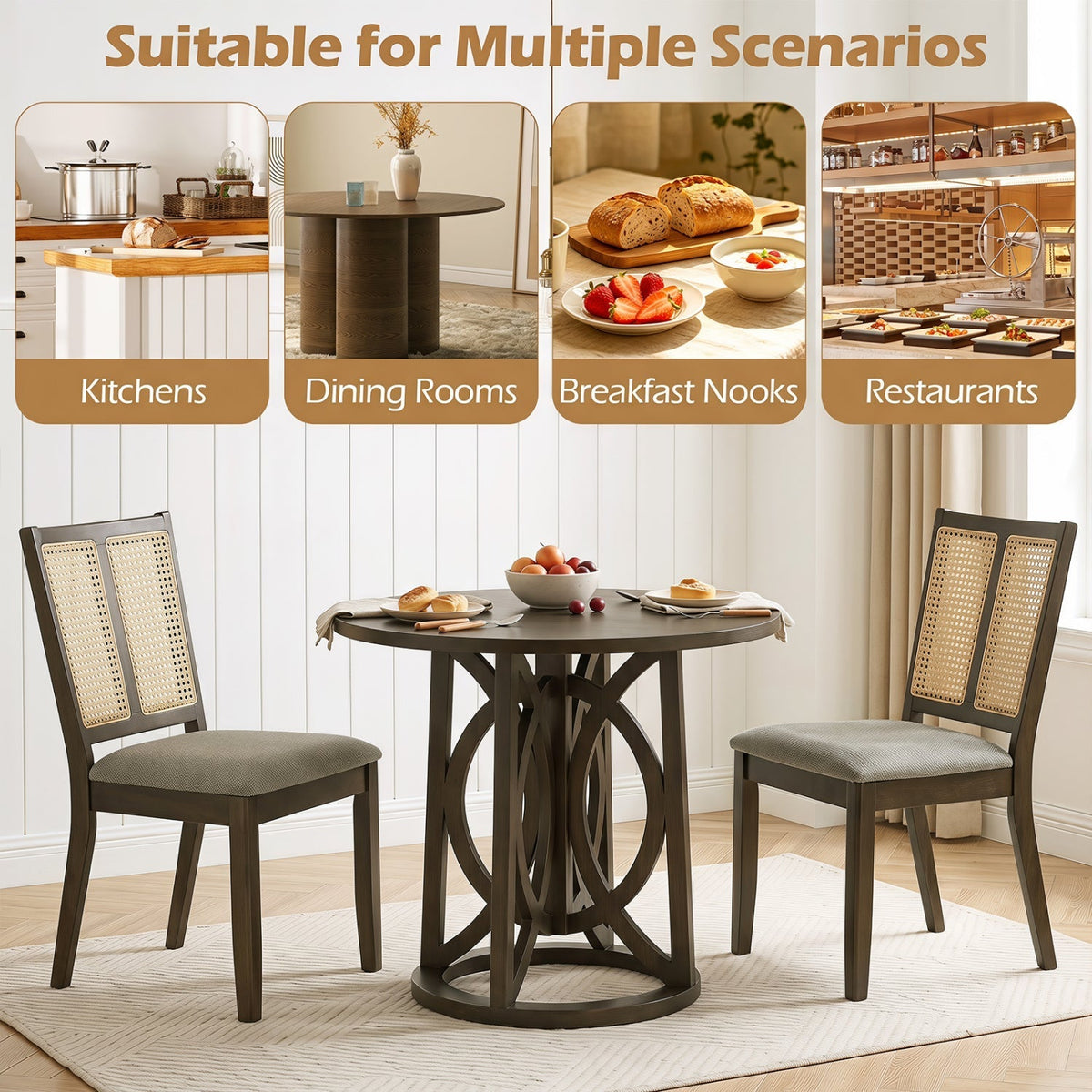 Rattan Dining Chairs Set of 2 with Curved Backrest 8