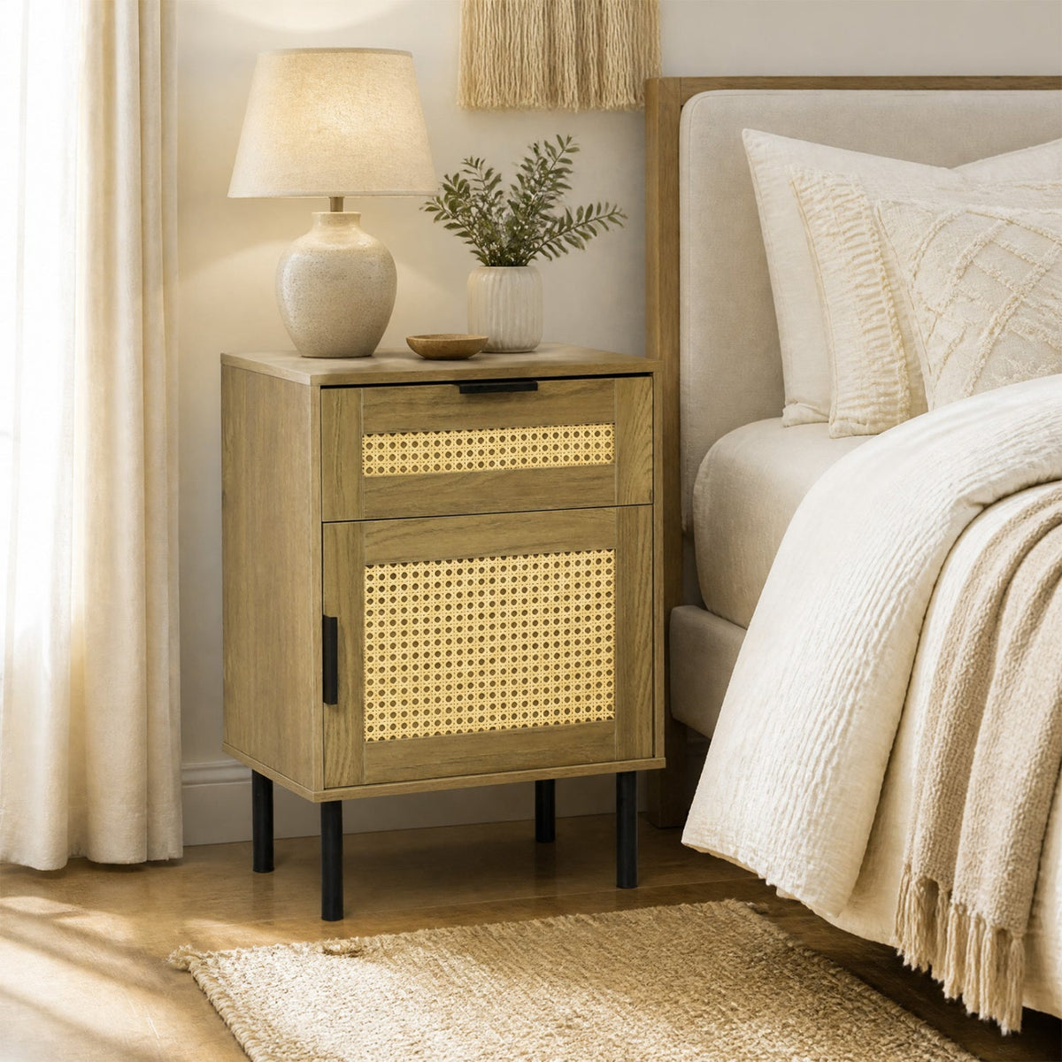 Rattan Nightstand with Drawer and Storage Cabinet 1