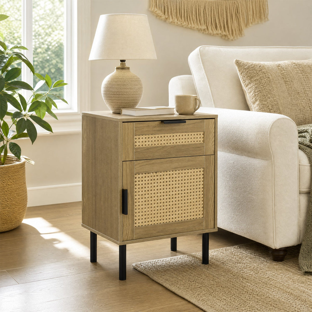 Rattan Nightstand with Drawer and Storage Cabinet 2
