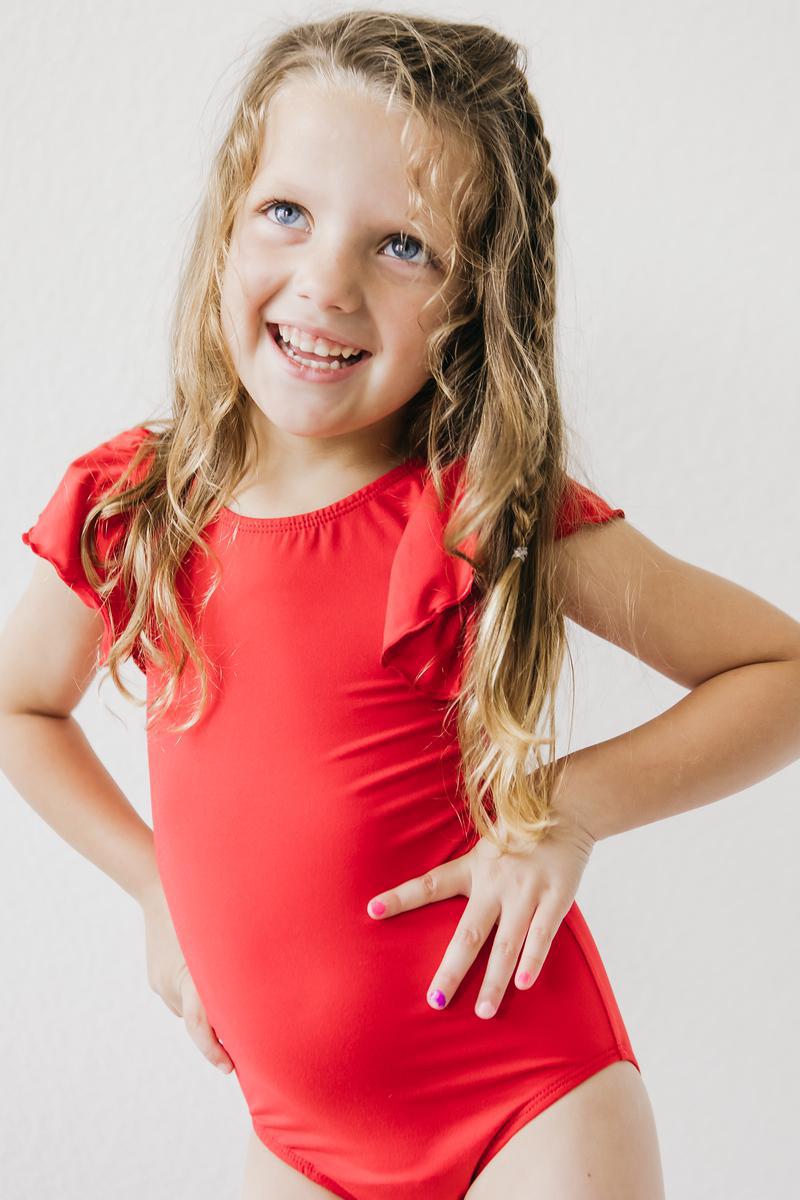 Red S/S Flutter Sleeve Leotard 2