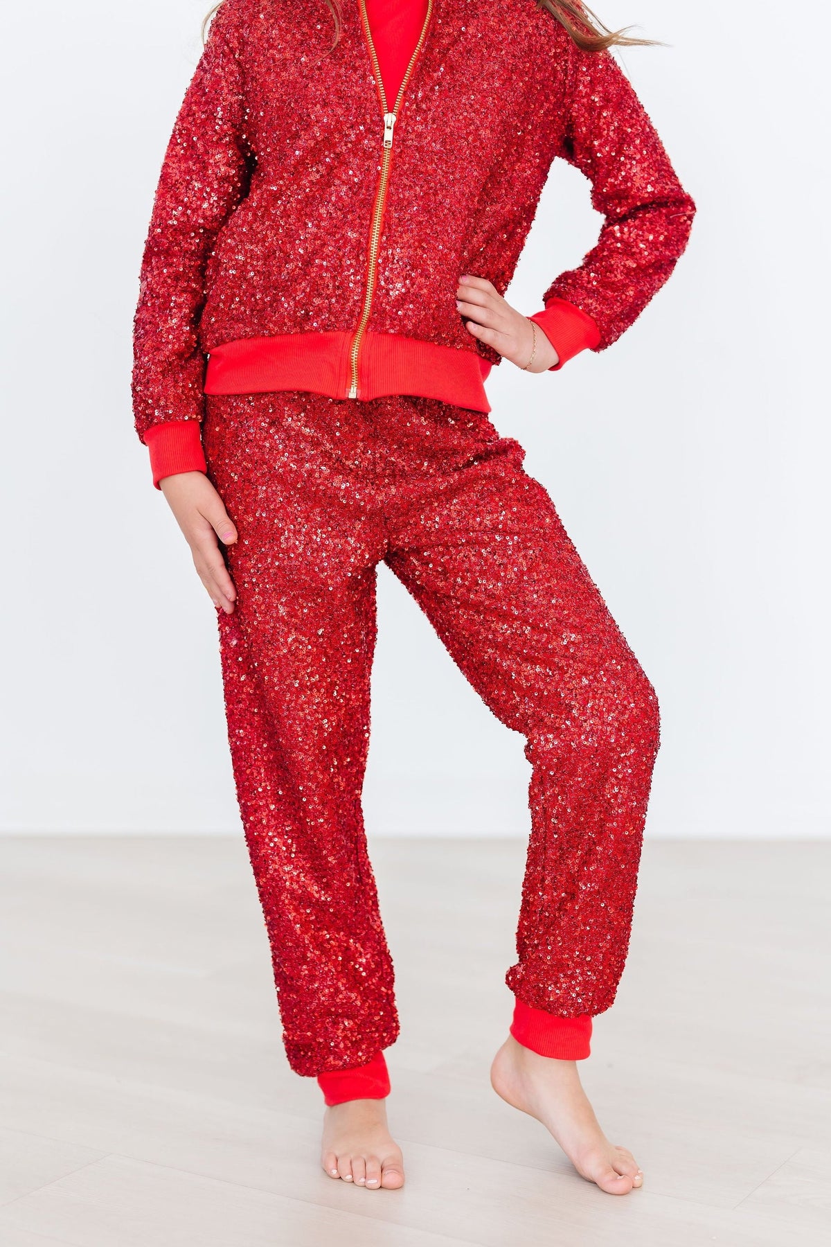 Red Sequin Joggers 1