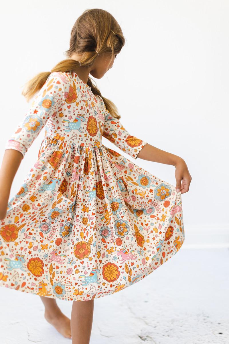 Retro Unicorns 3/4 Sleeve Pocket Twirl Dress 2