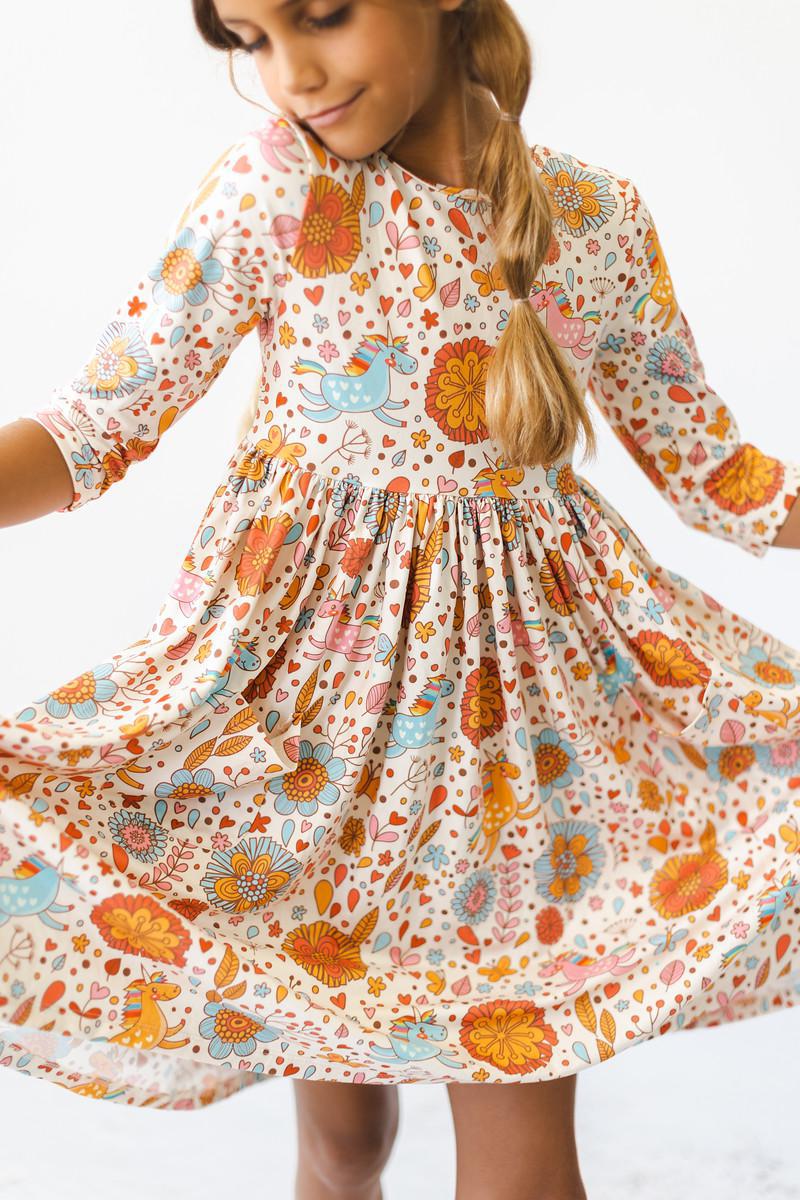Retro Unicorns 3/4 Sleeve Pocket Twirl Dress 3