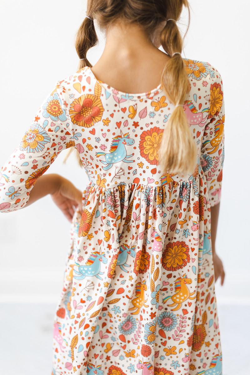 Retro Unicorns 3/4 Sleeve Pocket Twirl Dress 4