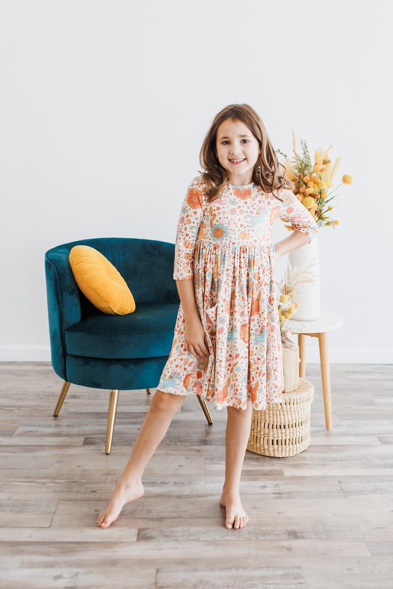 Retro Unicorns 3/4 Sleeve Pocket Twirl Dress 5