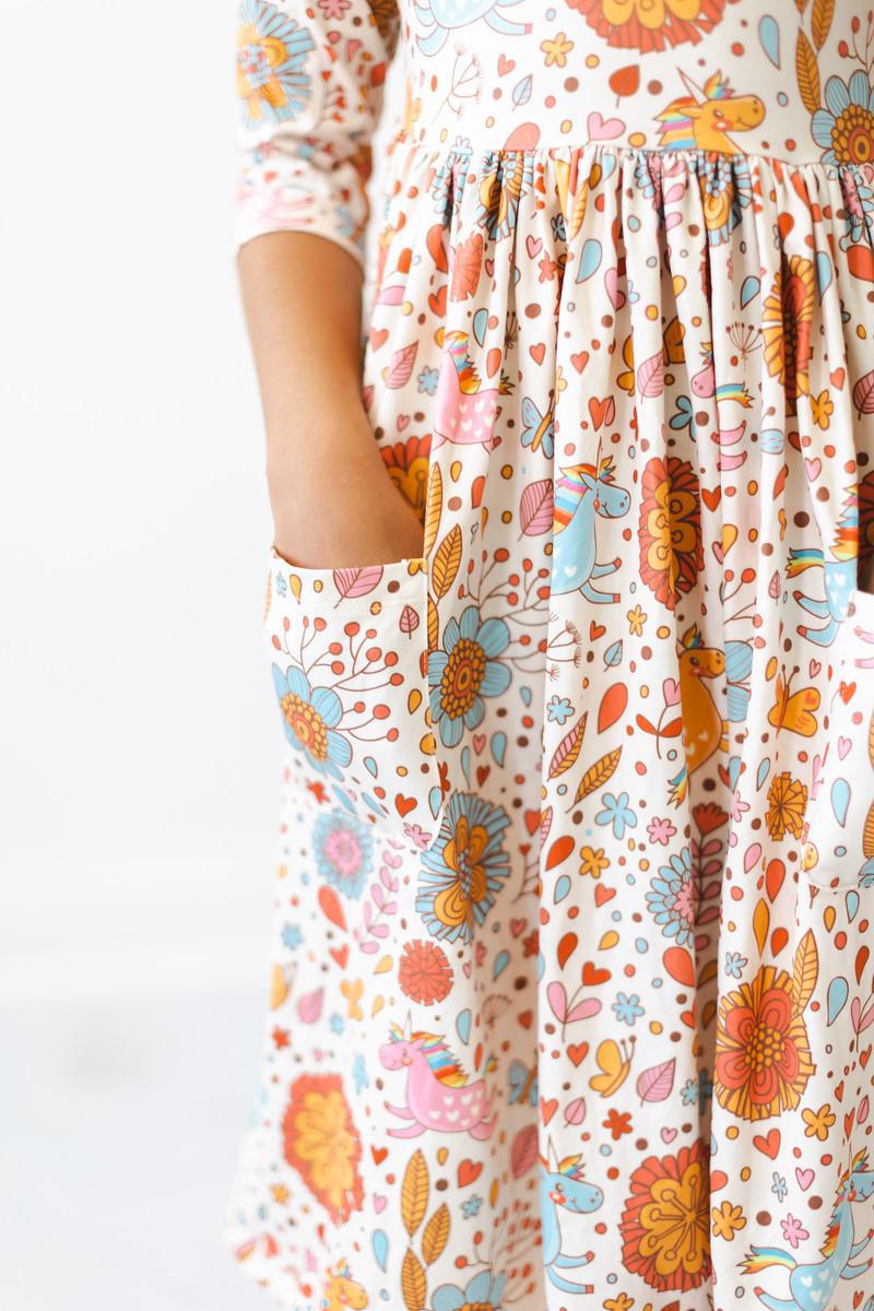 Retro Unicorns 3/4 Sleeve Pocket Twirl Dress 1
