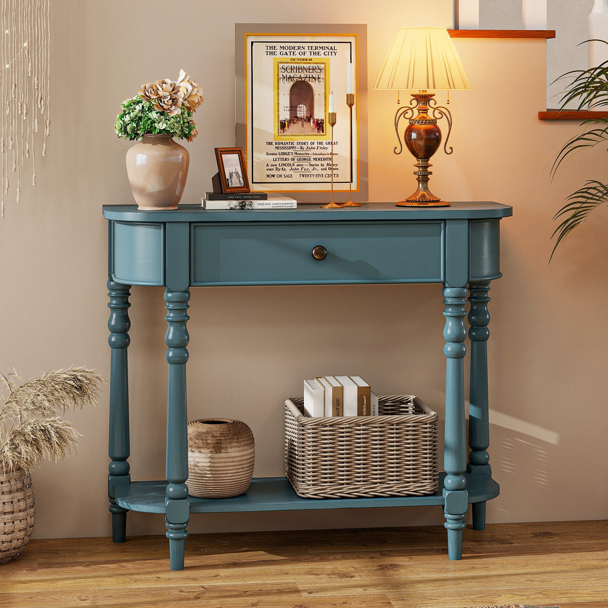 Retro Console Table 36"L Wooden 2-Tier Narrow Behind Couch Foyer Table 2