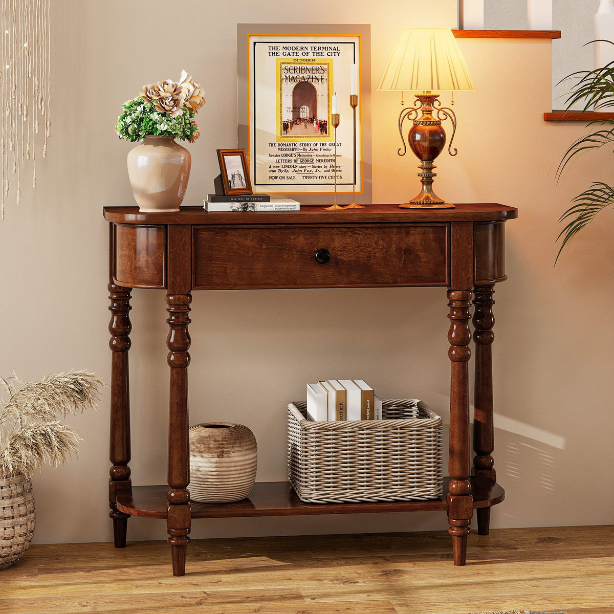 Retro Console Table 36"L Wooden 2-Tier Narrow Behind Couch Foyer Table 1
