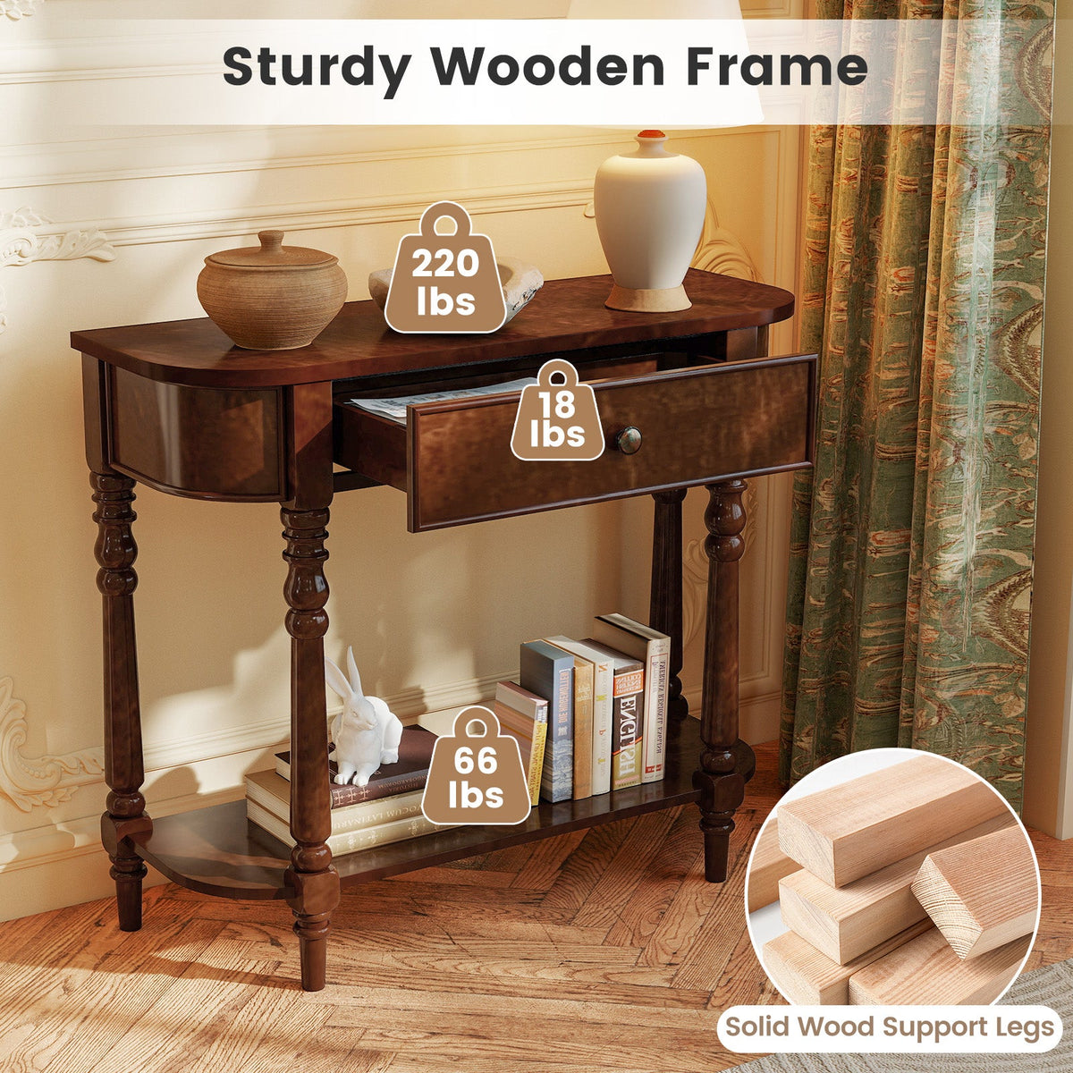 Retro Console Table 36"L Wooden 2-Tier Narrow Behind Couch Foyer Table 23