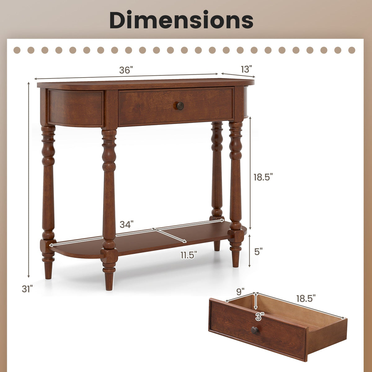 Retro Console Table 36"L Wooden 2-Tier Narrow Behind Couch Foyer Table 15