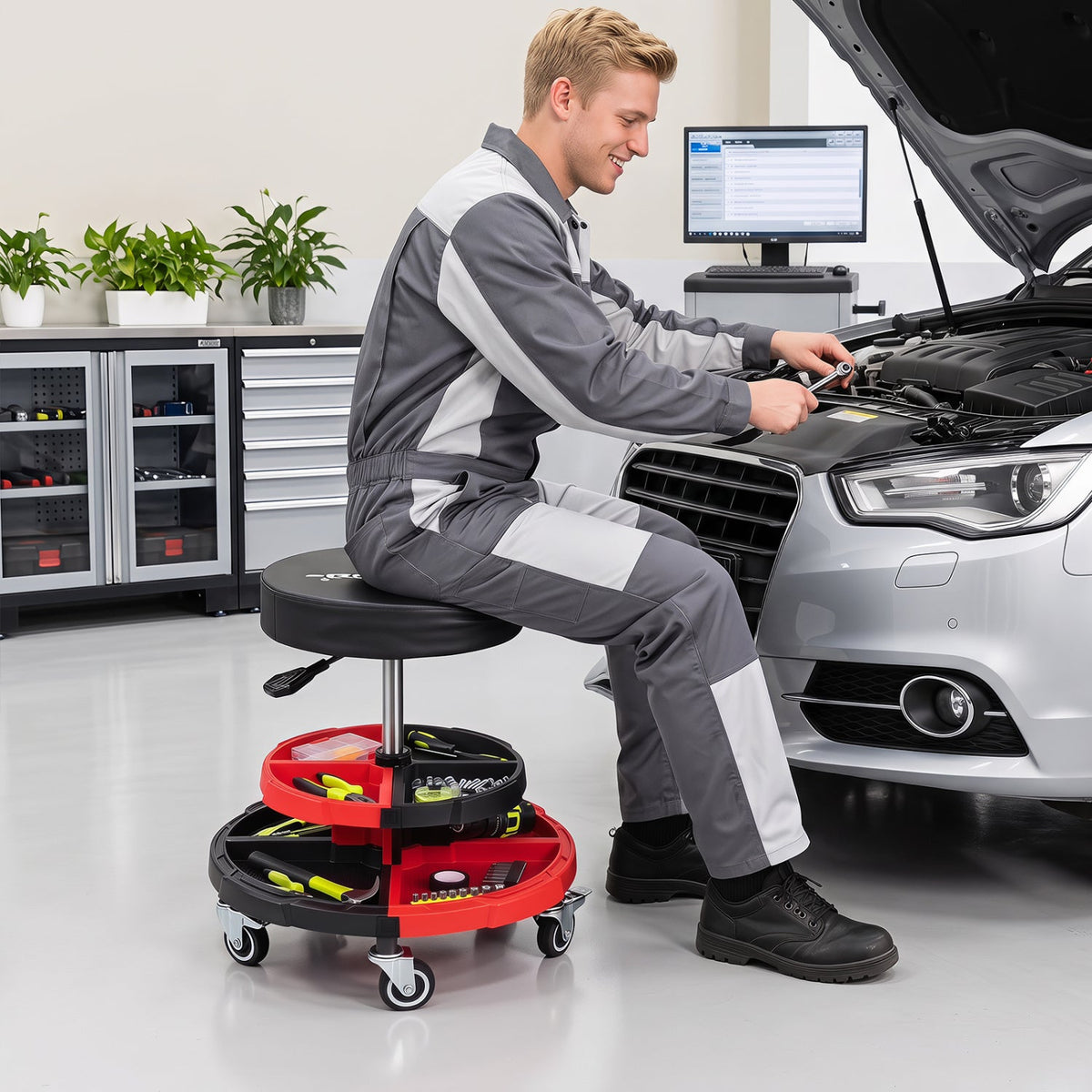 Rolling Mechanic Stool with Adjustable Height and Tool Trays 1