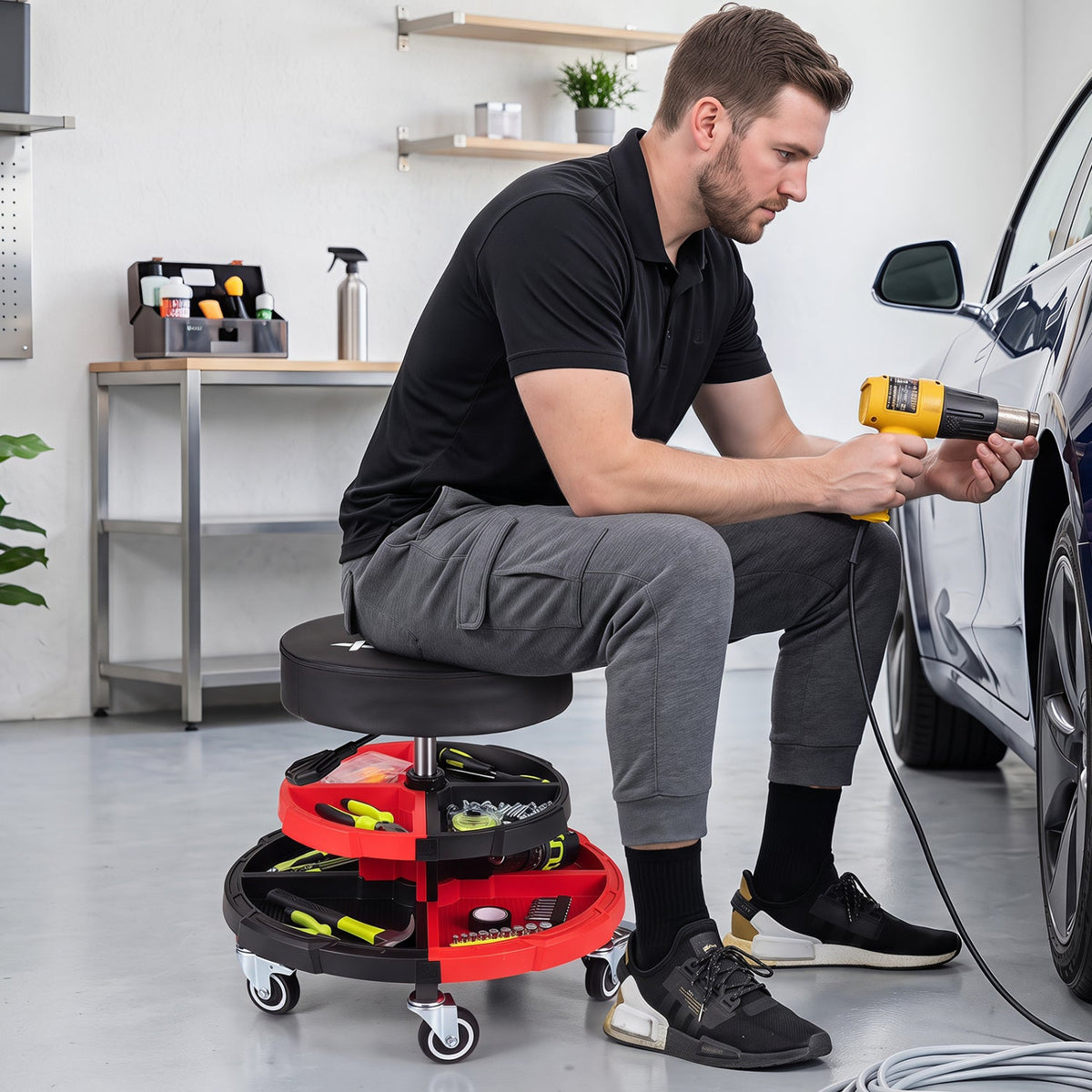 Rolling Mechanic Stool with Adjustable Height and Tool Trays 2