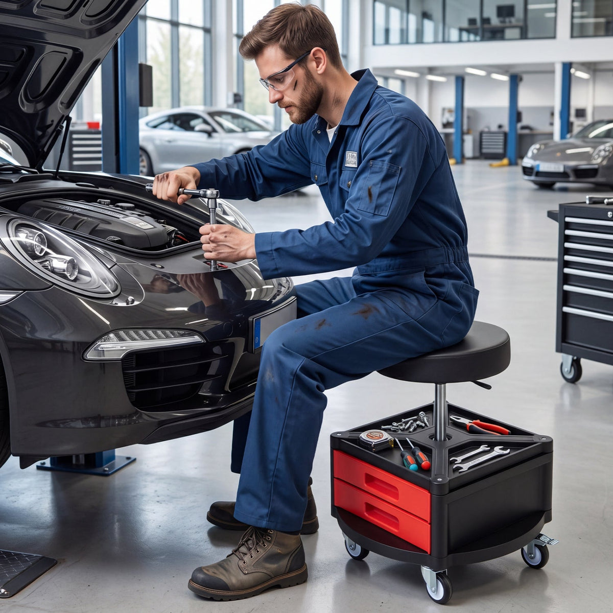 Rolling Mechanic Stool with Cushioned Seat & Tool Trays 330 LBS 2