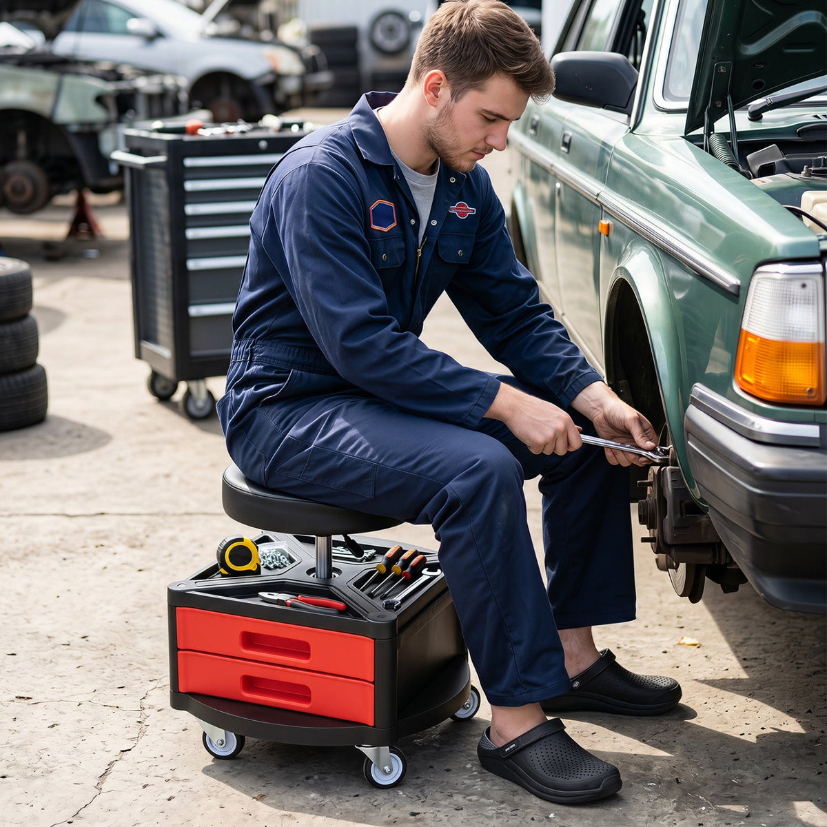 Rolling Mechanic Stool with Cushioned Seat & Tool Trays 330 LBS 1