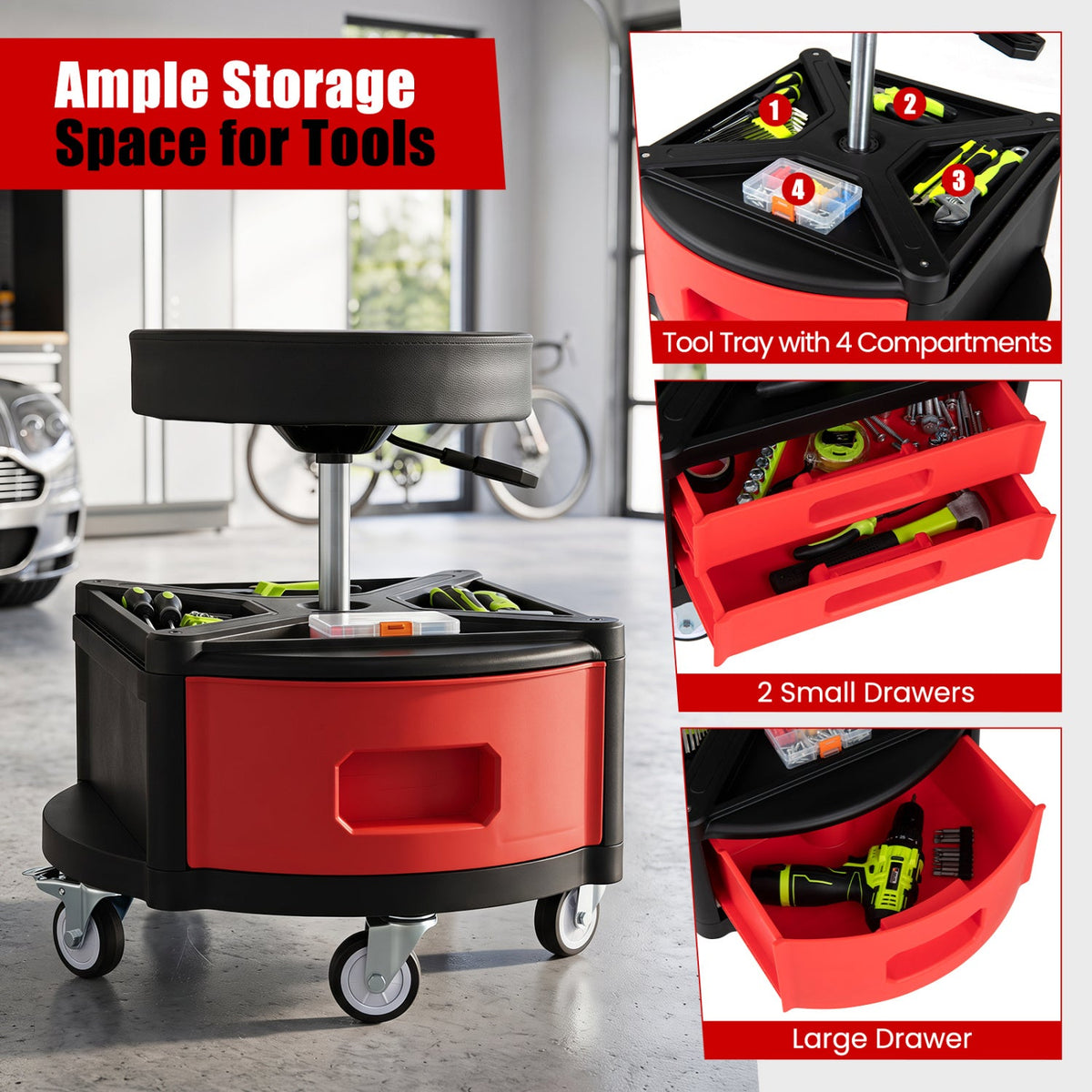 Rolling Mechanic Stool with Cushioned Seat & Tool Trays 330 LBS 7