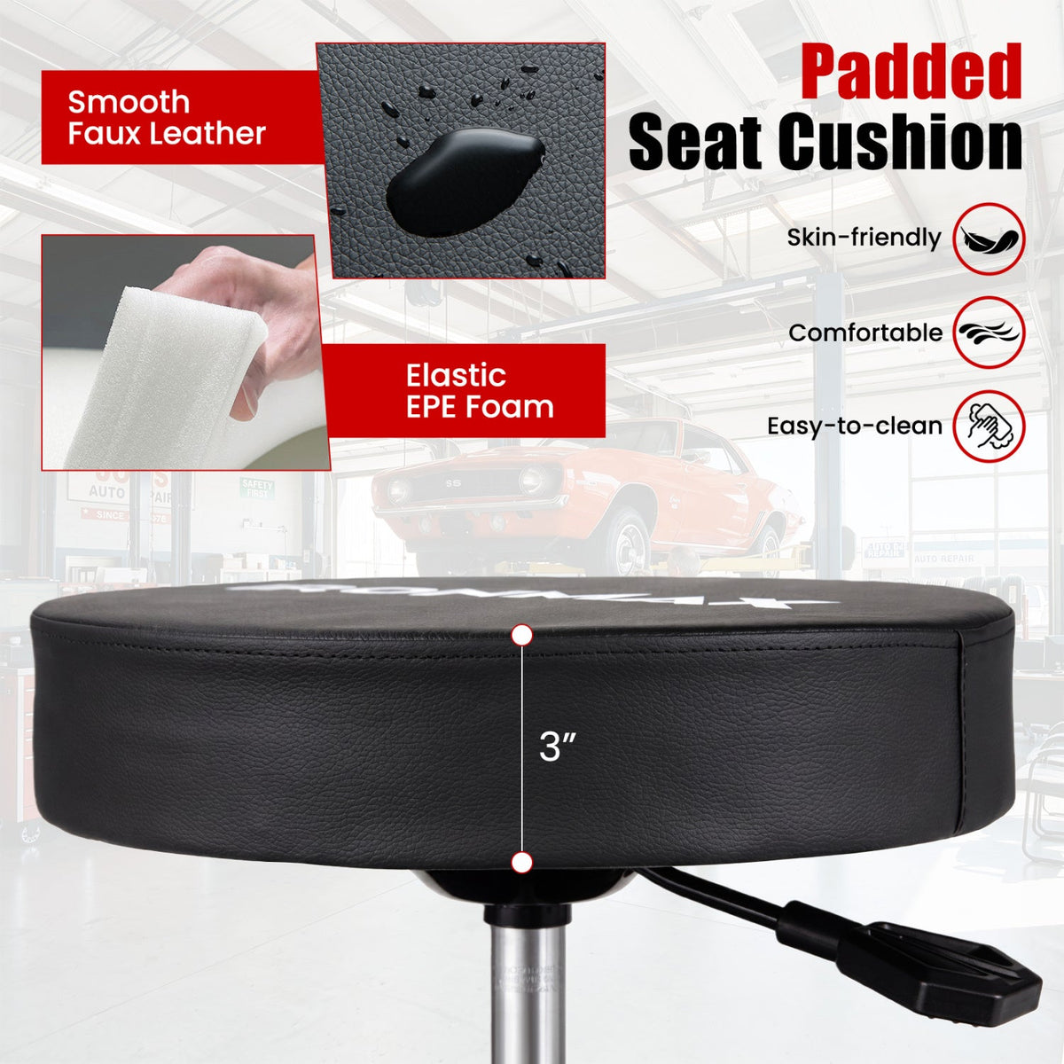 Rolling Mechanic Stool with Cushioned Seat & Tool Trays 330 LBS 8