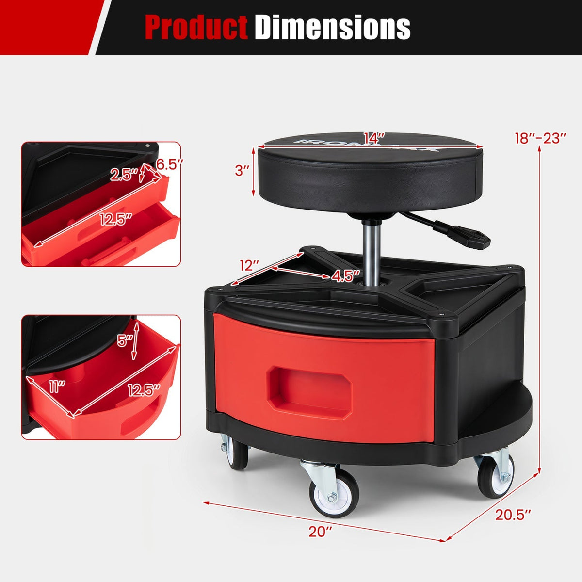 Rolling Mechanic Stool with Cushioned Seat & Tool Trays 330 LBS 5