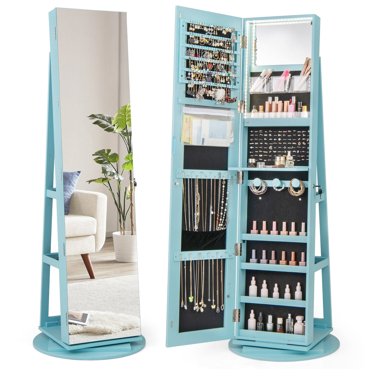 360° Rotating Mirrored Jewelry Cabinet Armoire 3 Color LED Modes Lockable 11