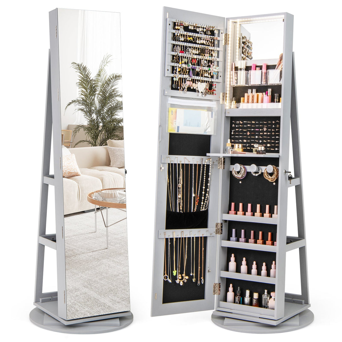 360° Rotating Mirrored Jewelry Cabinet Armoire 3 Color LED Modes Lockable 10