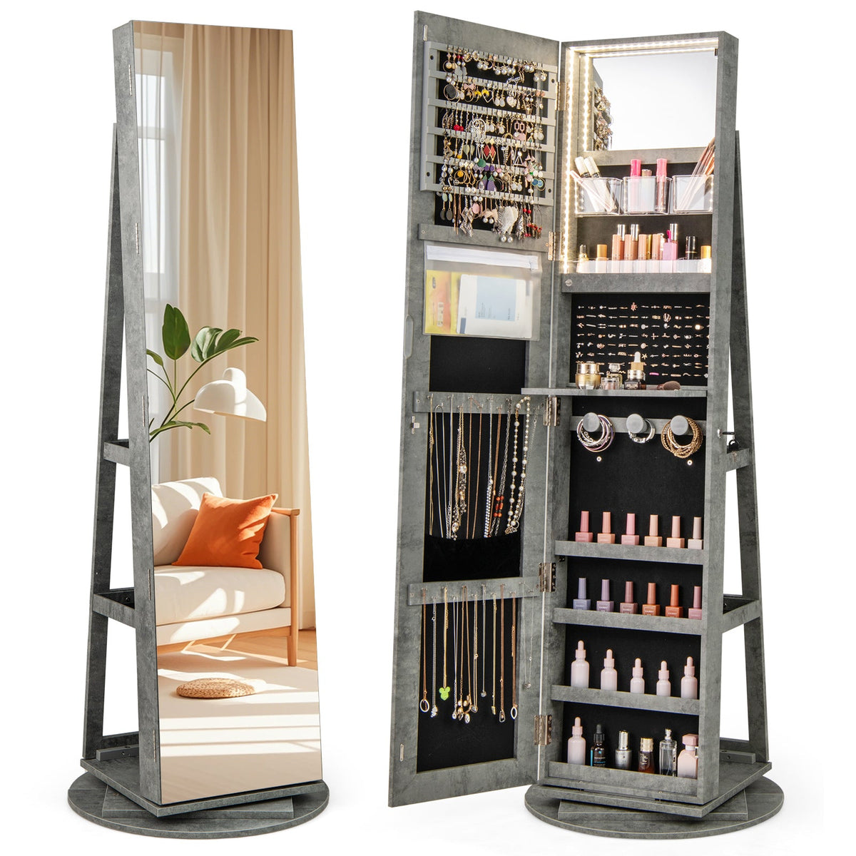 360° Rotating Mirrored Jewelry Cabinet Armoire 3 Color LED Modes Lockable 15