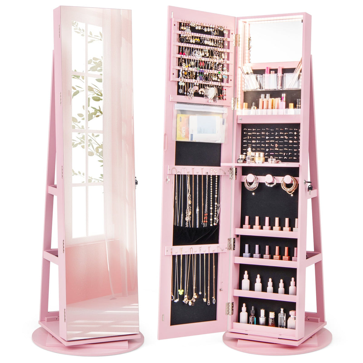 360° Rotating Mirrored Jewelry Cabinet Armoire 3 Color LED Modes Lockable 12