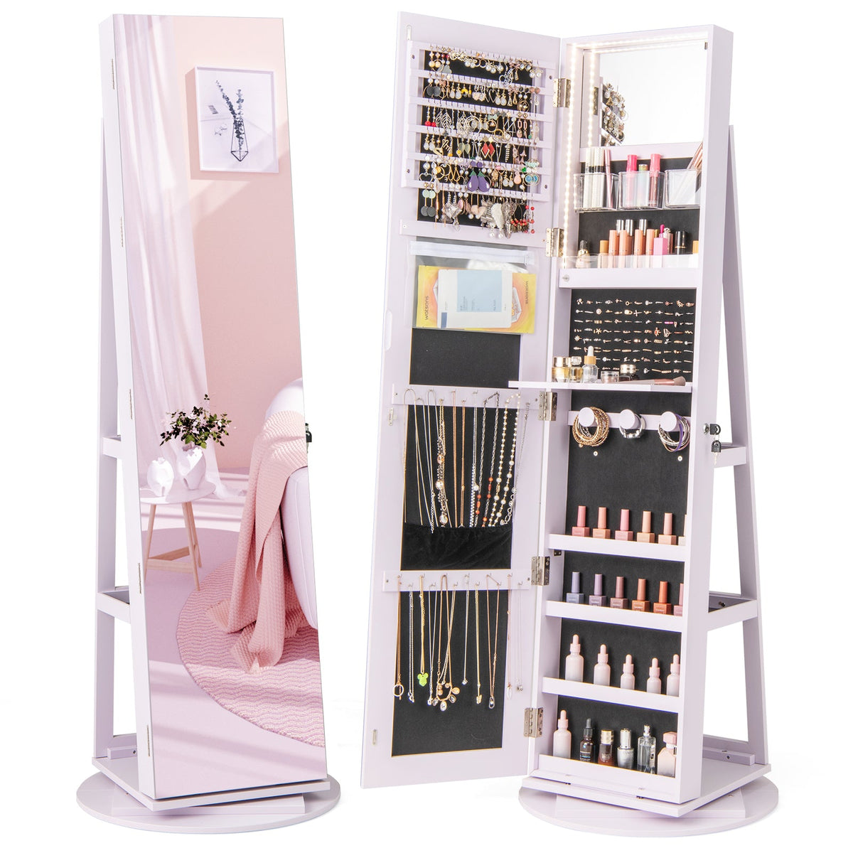 360° Rotating Mirrored Jewelry Cabinet Armoire 3 Color LED Modes Lockable 13