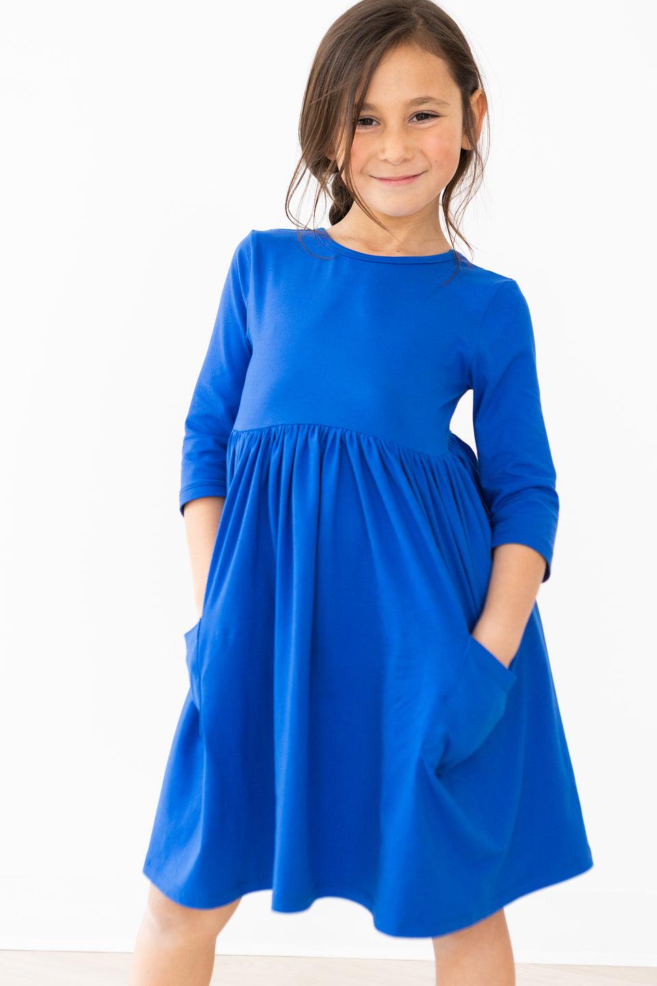 Royal Blue 3/4 Sleeve Pocket Twirl Dress 2