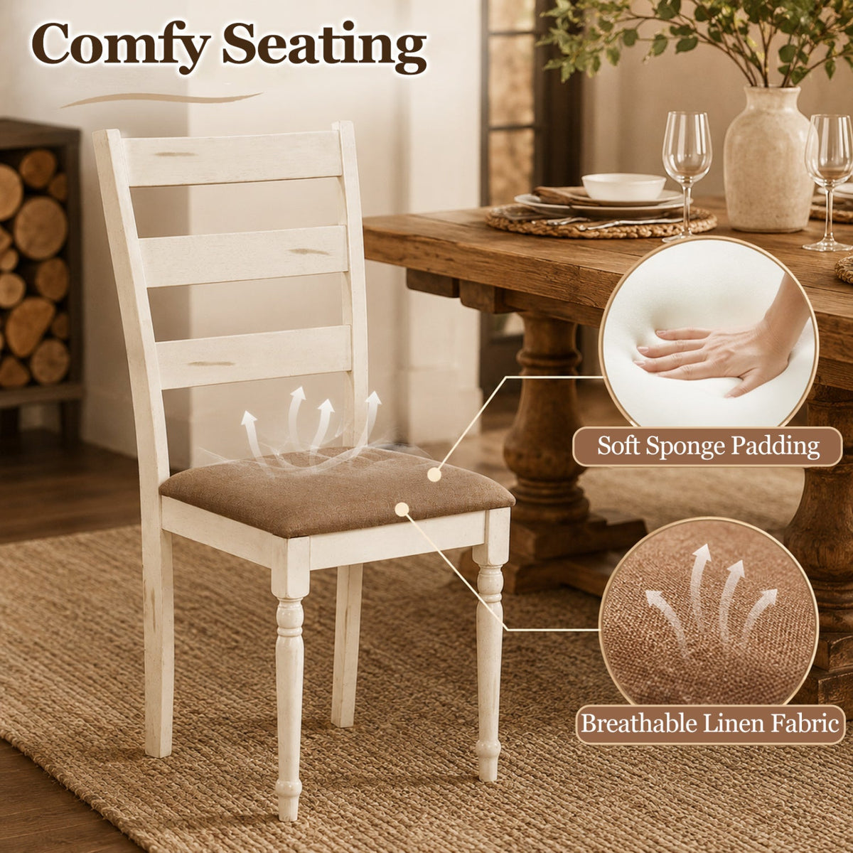 Dining Chairs Set of 2 with Padded Linen Seat 5