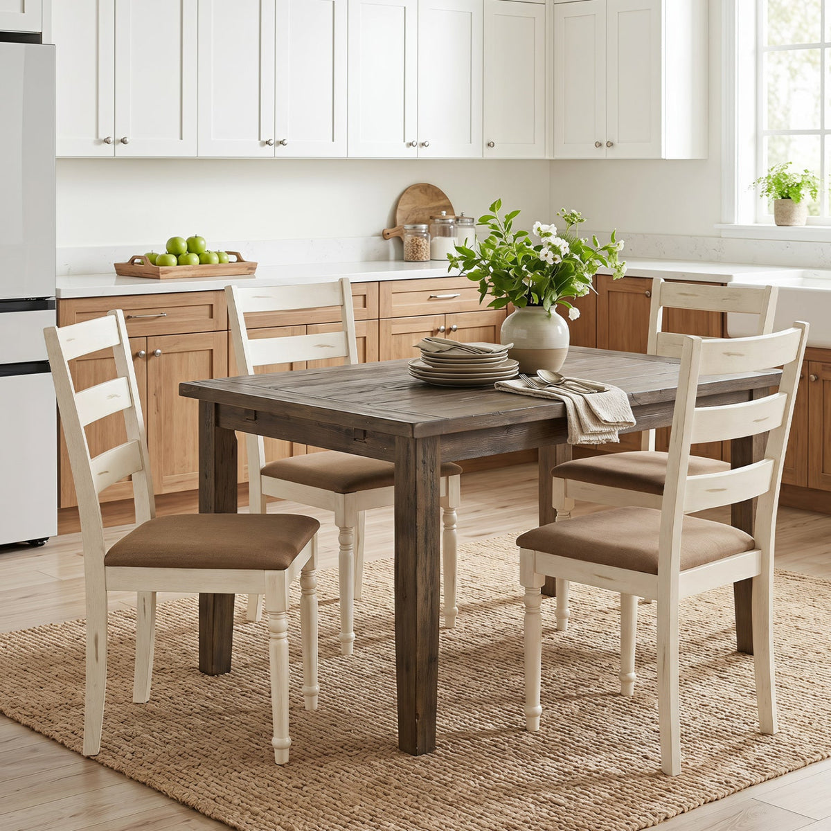 Dining Chairs Set of 4 with Padded Linen Seat & Slatted Back 1