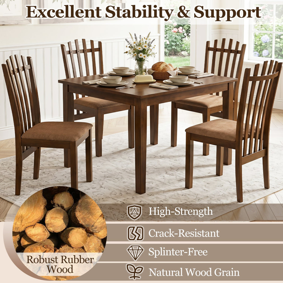 Rubber Wood Dining Chairs Set of 4 with Cushioned Seats 6