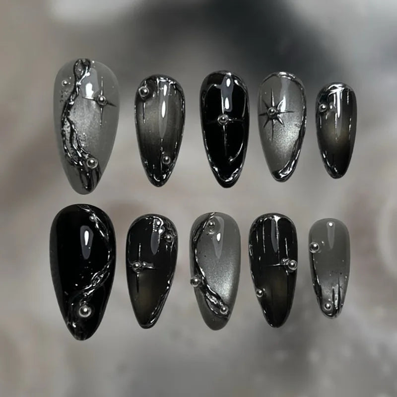 24Pcs 3D Strawberry Rabbit Flower Fake Nails Press on Mid-length Almond Wearable False Nails Green Gradient Pearl Manicure Tips 19