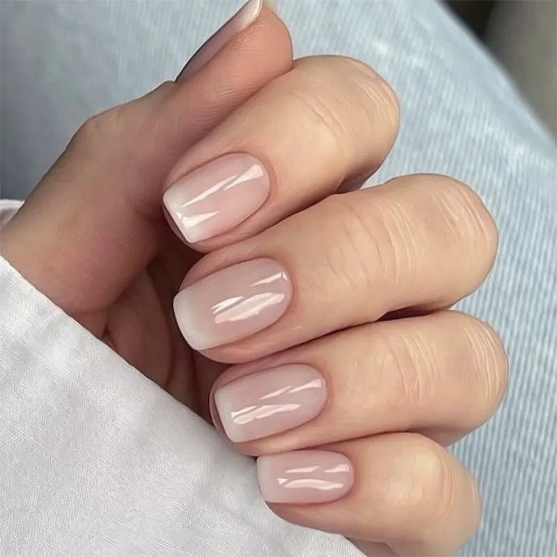 24Pcs Simple Square Head Fake Nail with Jelly Glue Pink White Gradient French Press on False Nails Short Full Cover Nail Tips 38