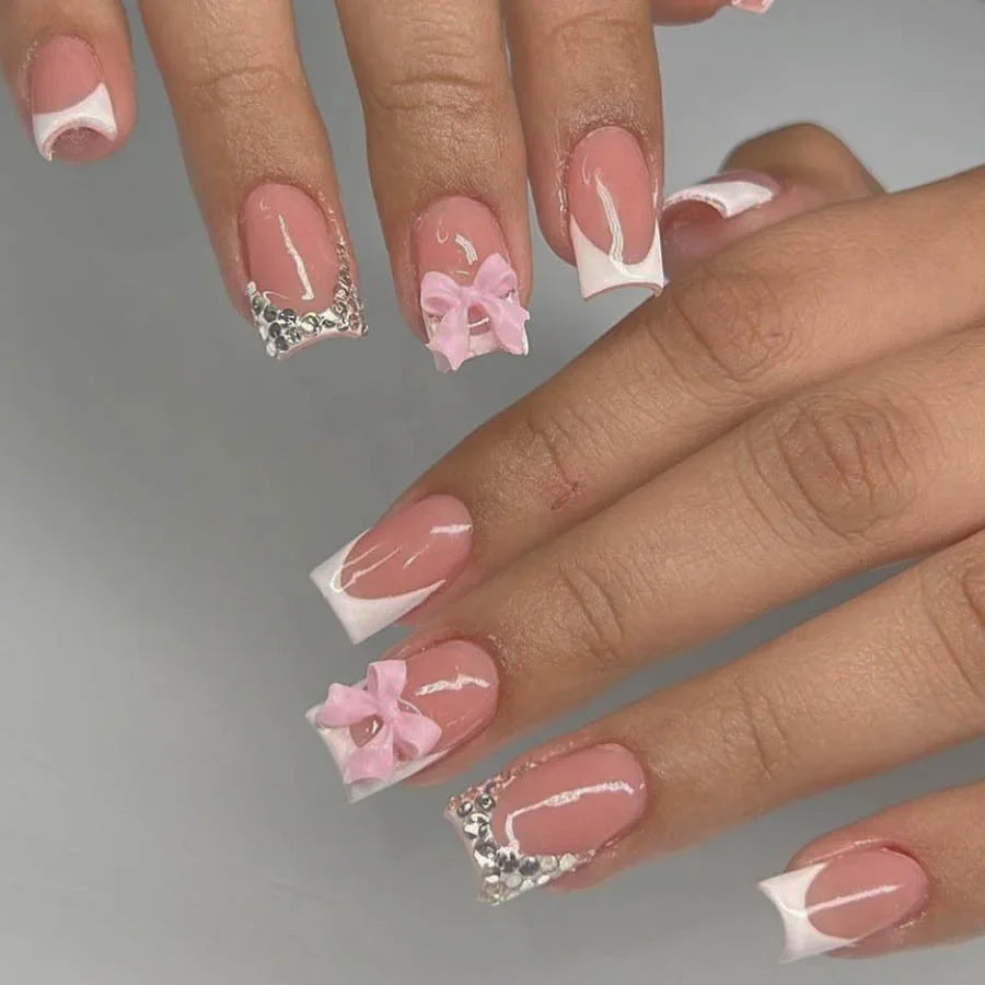 24Pcs Simple Square Head Fake Nail with Jelly Glue Pink White Gradient French Press on False Nails Short Full Cover Nail Tips 23
