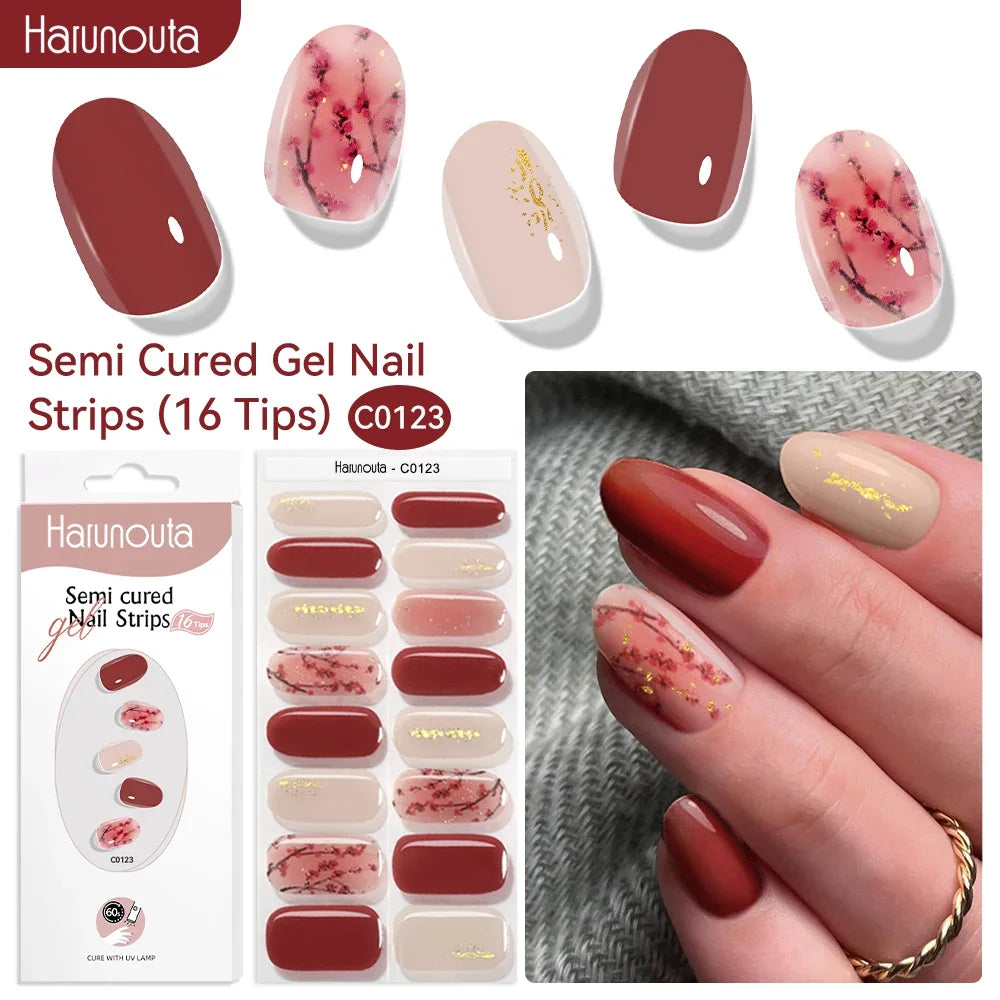 Harunouta 16strips Gradient Red Marble Gold Line Semi Cured Gel Nail Strips DIY Gel Polish Stickers for Nails Work with UV/LED 9