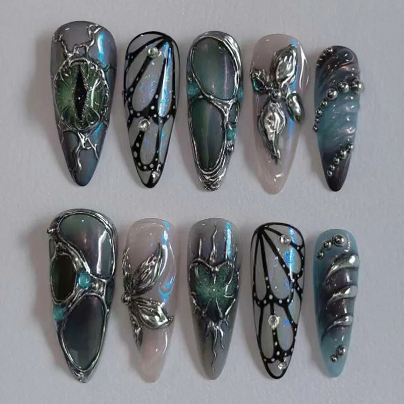 24Pcs 3D Strawberry Rabbit Flower Fake Nails Press on Mid-length Almond Wearable False Nails Green Gradient Pearl Manicure Tips 9