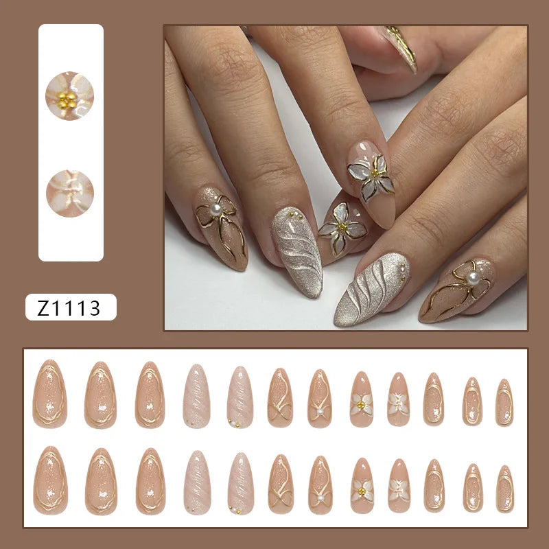 24pcs Flower Print Press on Nails Wine Red Blush Almond False Nail Tips Wearable Reusable Summer Spicy Girl Fake Nails 37