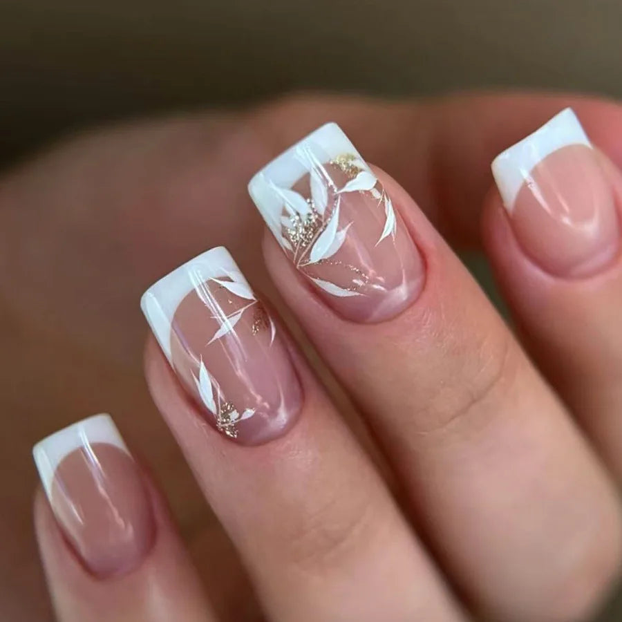 24Pcs Simple Square Head Fake Nail with Jelly Glue Pink White Gradient French Press on False Nails Short Full Cover Nail Tips 16