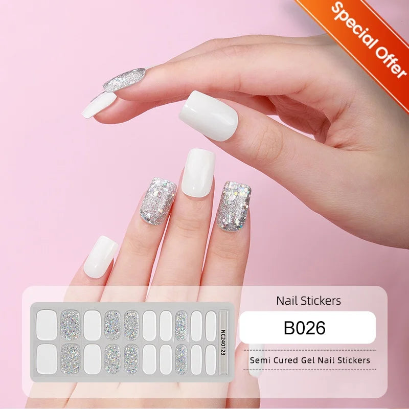 20Tips Gradient French Semi-cured Gel Nail Sticker UV Lamp Needed Full Cover Nail Gel Polish Wraps Manicure Press on Nails Decal 28