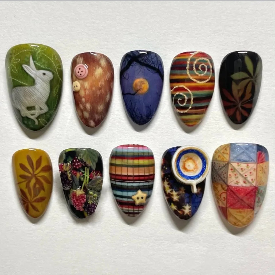 24pcs Flower Print Press on Nails Wine Red Blush Almond False Nail Tips Wearable Reusable Summer Spicy Girl Fake Nails 16