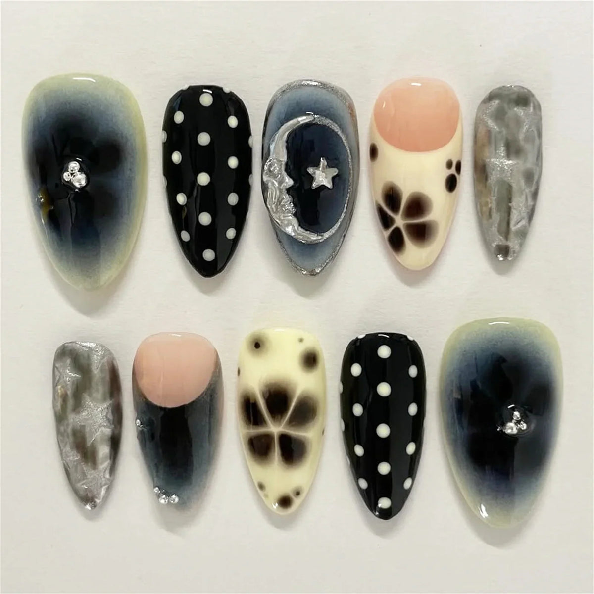 24pcs Flower Print Press on Nails Wine Red Blush Almond False Nail Tips Wearable Reusable Summer Spicy Girl Fake Nails 30
