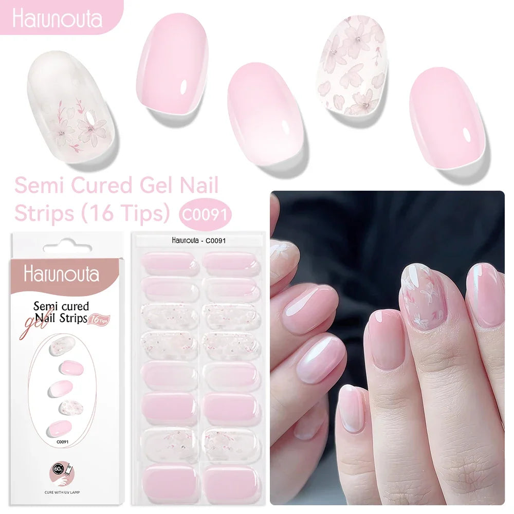 Harunouta 16strips Gradient Red Marble Gold Line Semi Cured Gel Nail Strips DIY Gel Polish Stickers for Nails Work with UV/LED 33